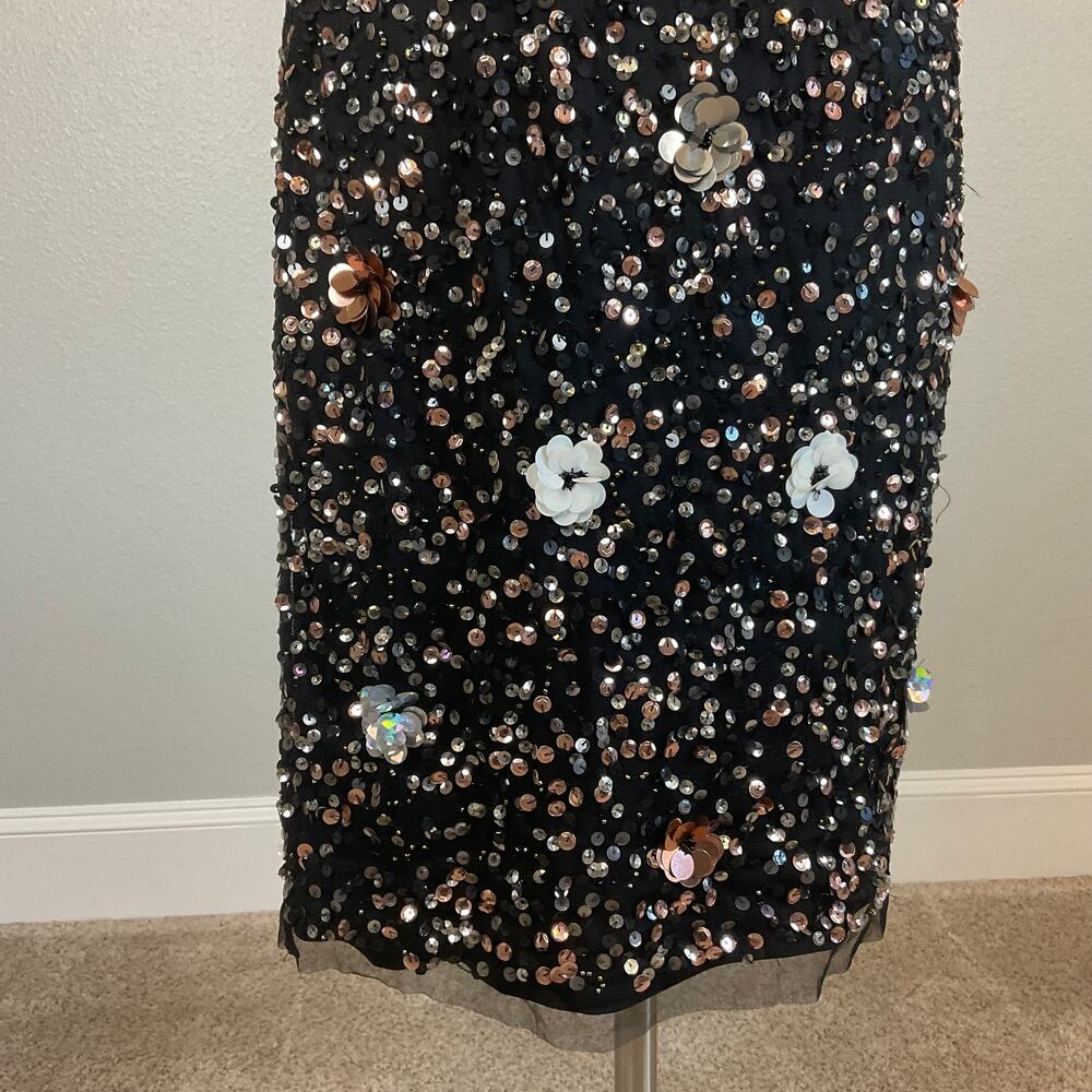 Adrianna Papell Sequined Floral Midi Sheath Cocktail Dress Sparkly Black Size 4 - Picture 8 of 11